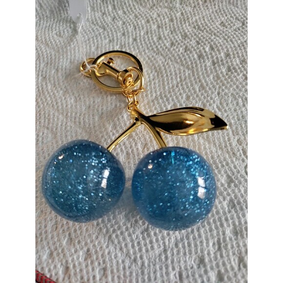 Glitter Blue Cherries Acrylic Bag Charm/Key Chain 1.25" Diameter Each Cherries - Picture 1 of 4